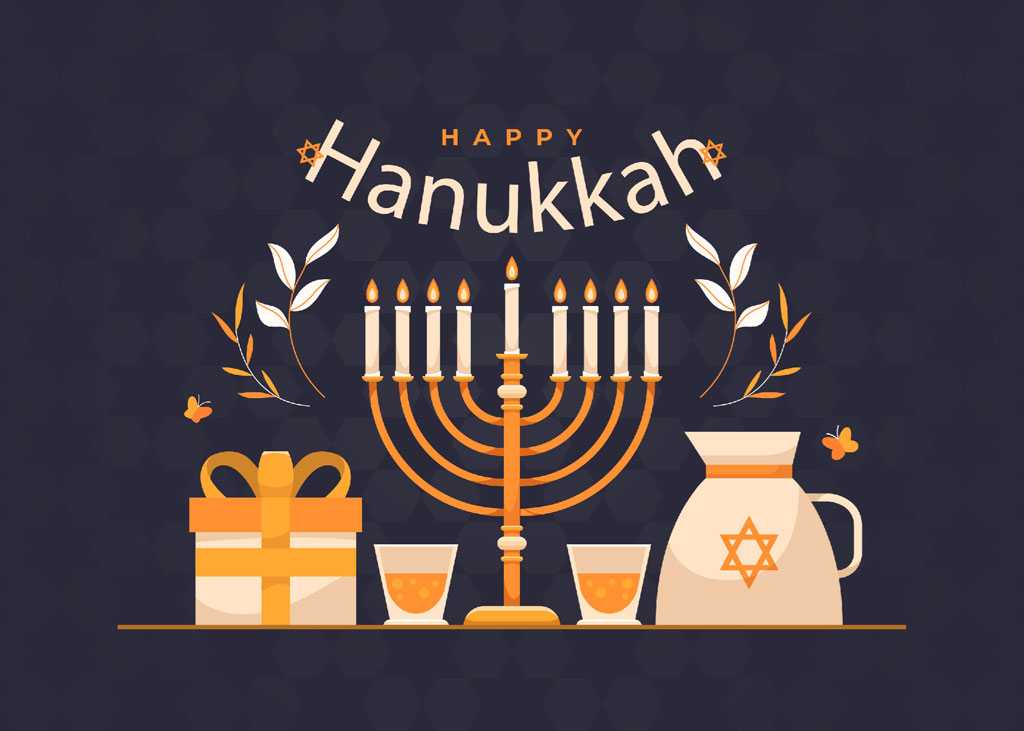Hanukkah menorah with candles, gift, and traditional items