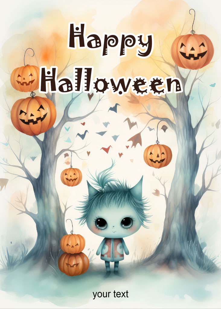 Cartoon character with blue fur and big eyes standing between two trees with hanging pumpkins.