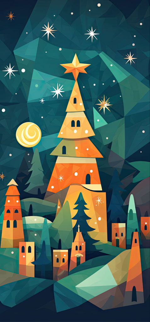 A colorful, geometric Christmas village scene with a large Christmas tree and smaller buildings under a starry night sky.