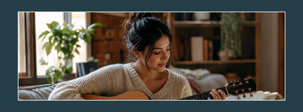 Woman playing acoustic guitar in a cozy room with warm shelves and a plant behind her
