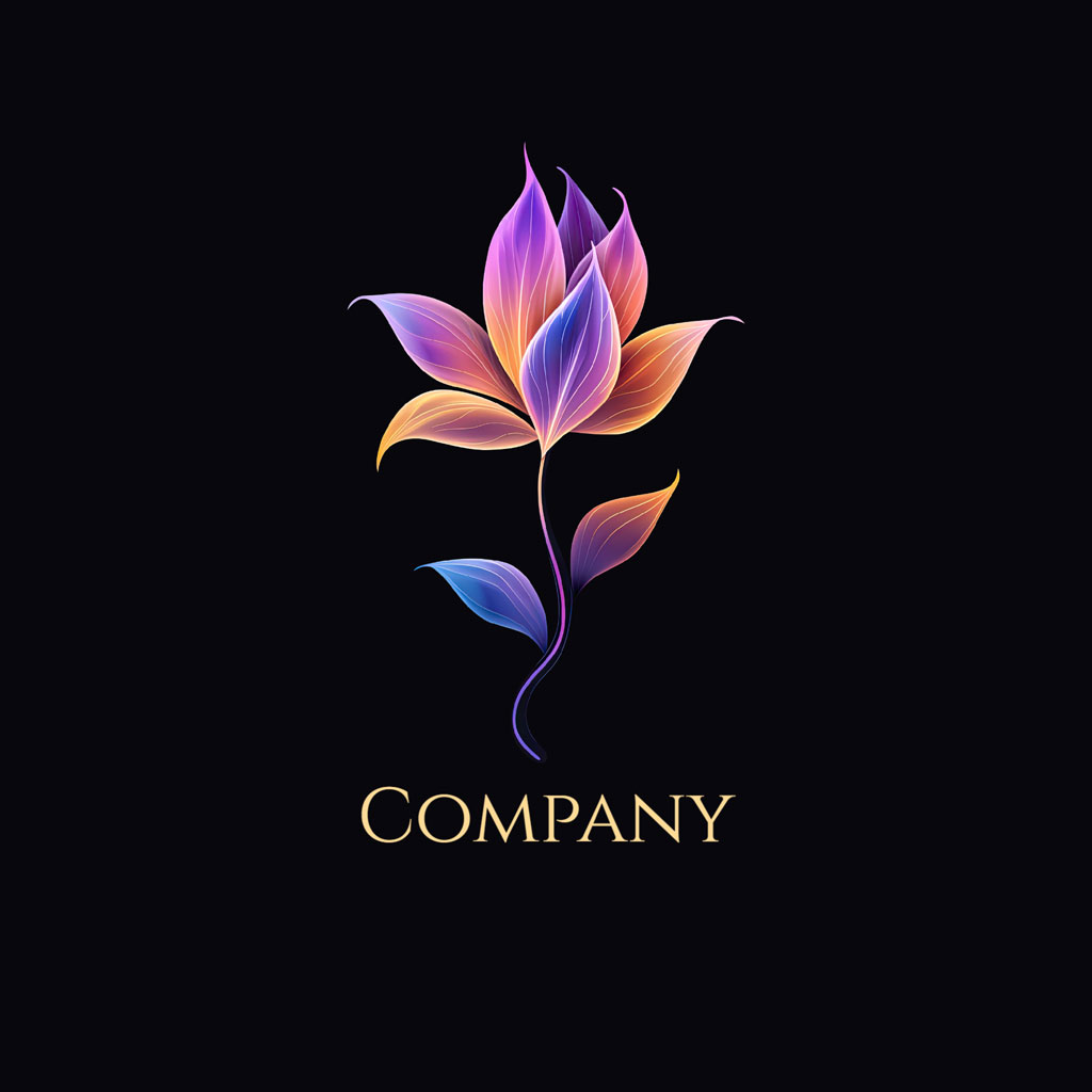 Stylized flower logo with purple, orange, and blue gradient leaves