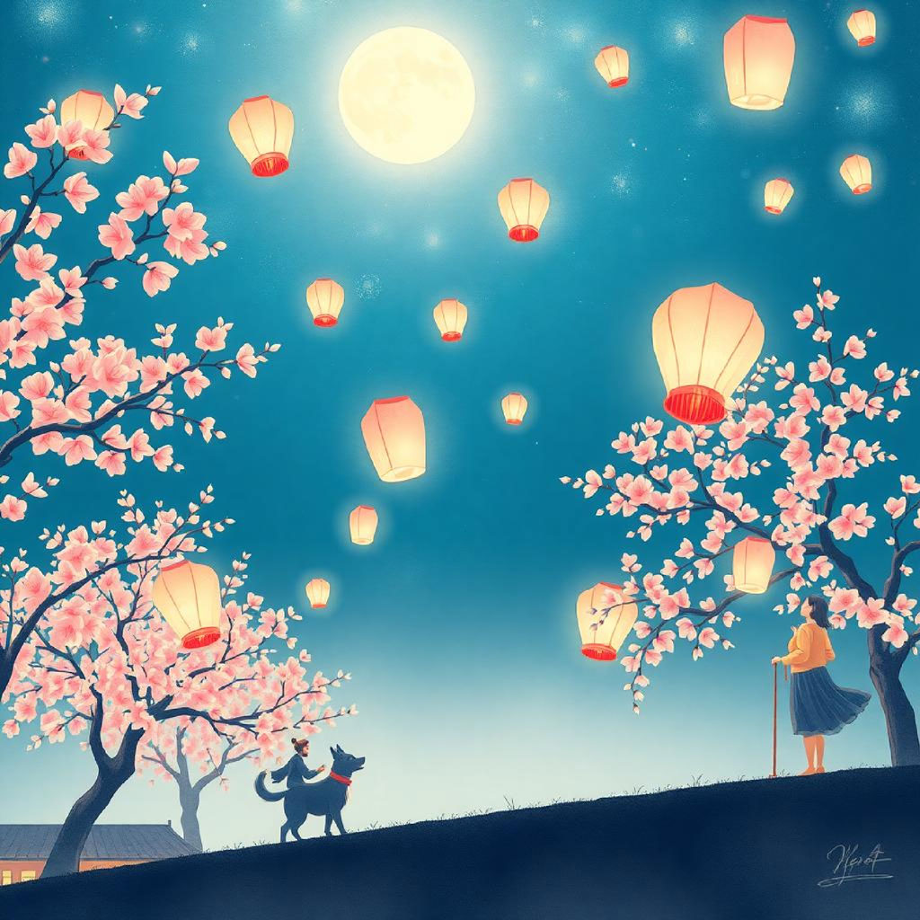 Illustration of lanterns floating among pink cherry blossoms under a full moon with a girl and dog on a hill.
