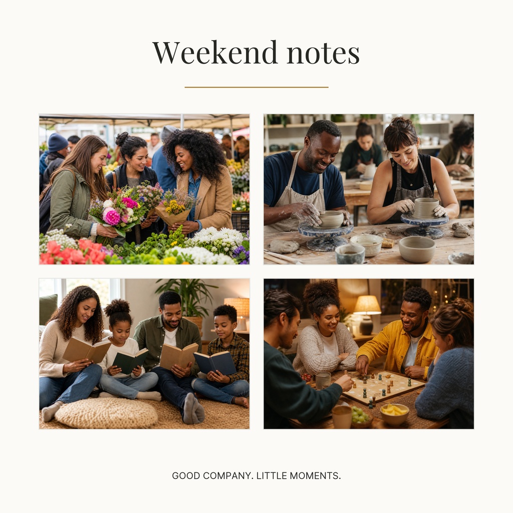 Square collage with four photos of friends enjoying flowers, pottery, reading, and board games