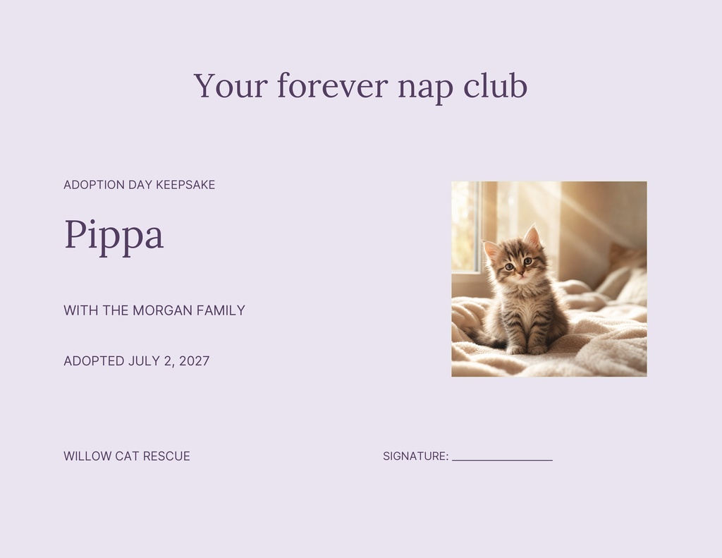Preview for The Cat Nap Club Keepsake Certificate Template