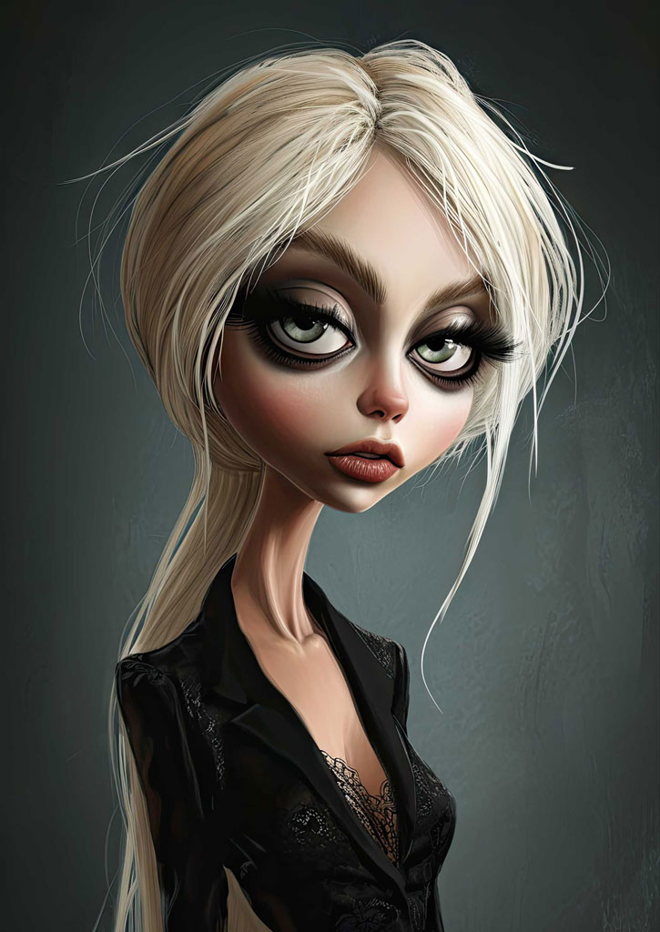 A cartoon blonde woman with large eyes and black clothing.