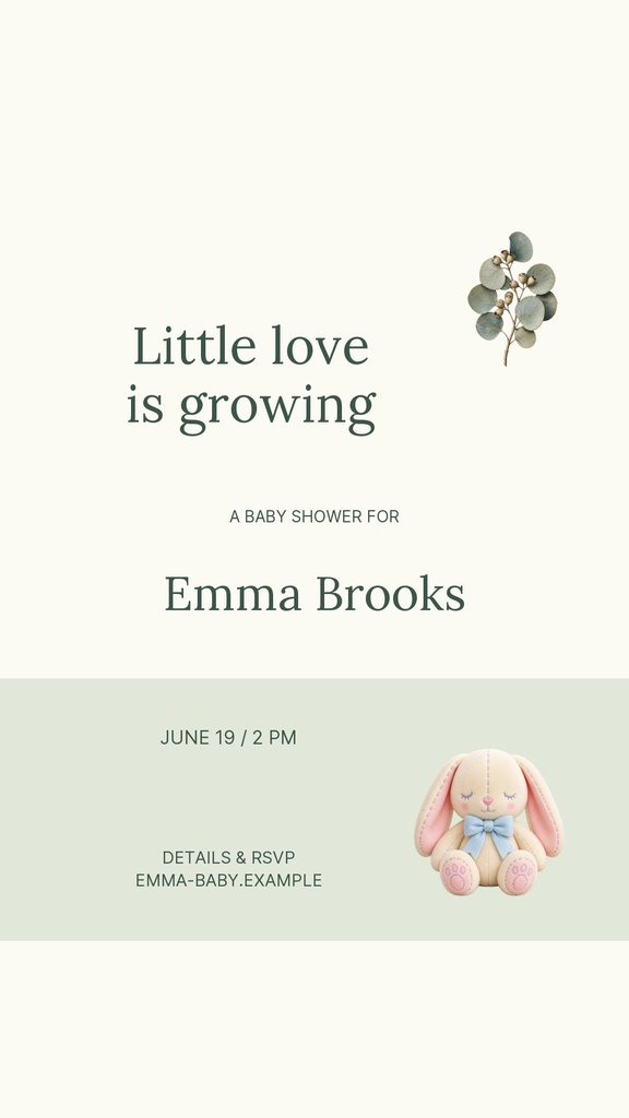 Portrait baby shower story template with soft sage blocks, bunny illustration, and floral accent.