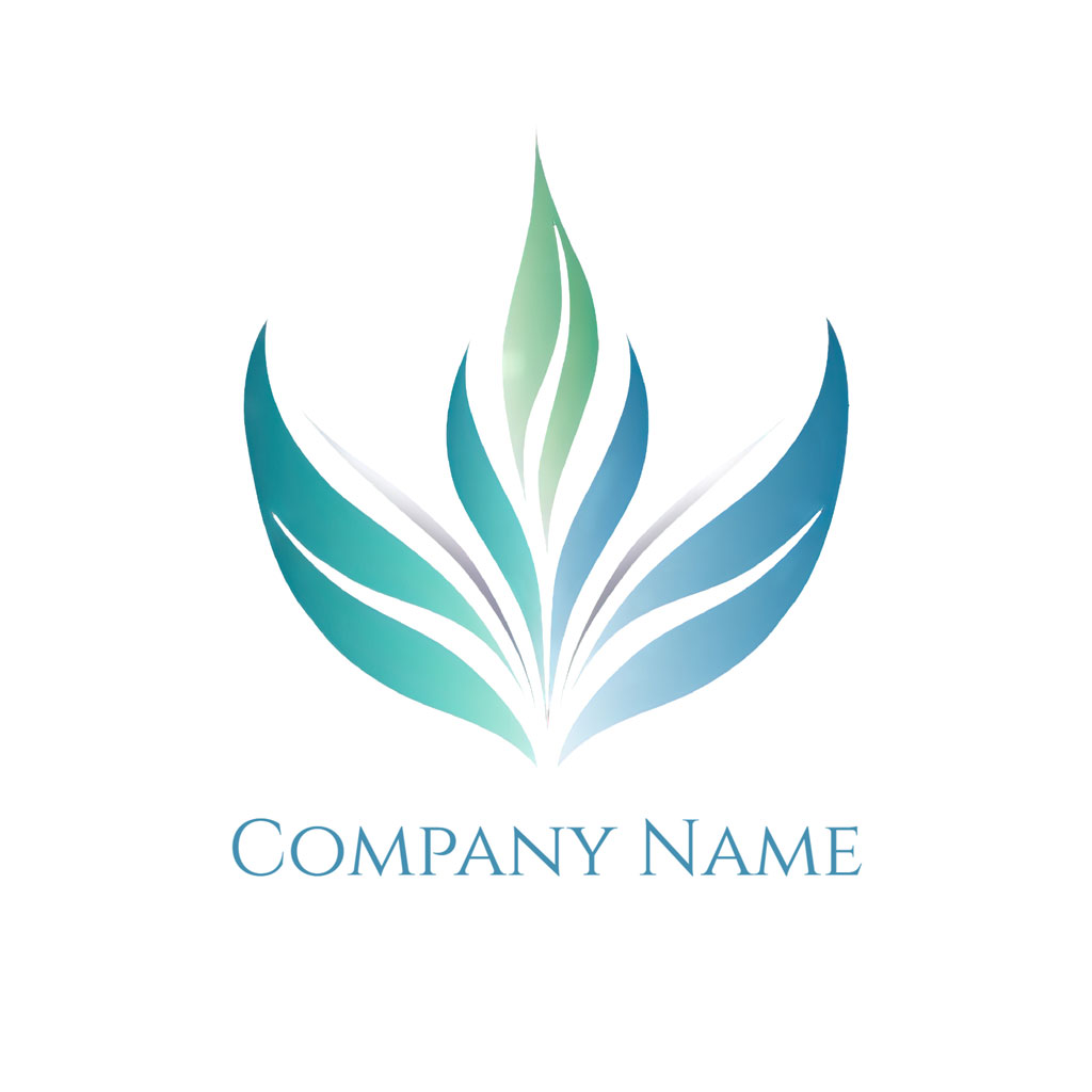 A stylized logo with a gradient leaf design in shades of blue and green