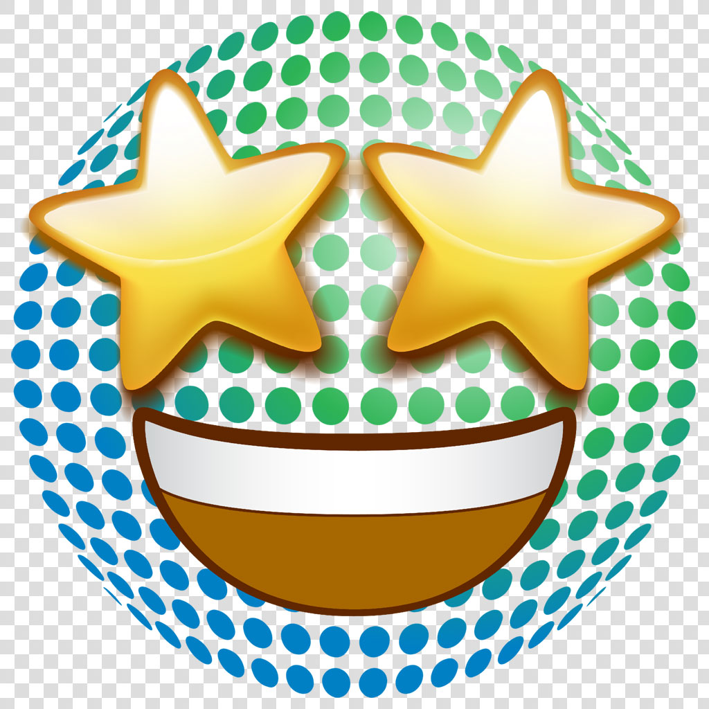 A cartoon smiley face with star-shaped eyes and a wide smile, set against a background of blue and green dots.