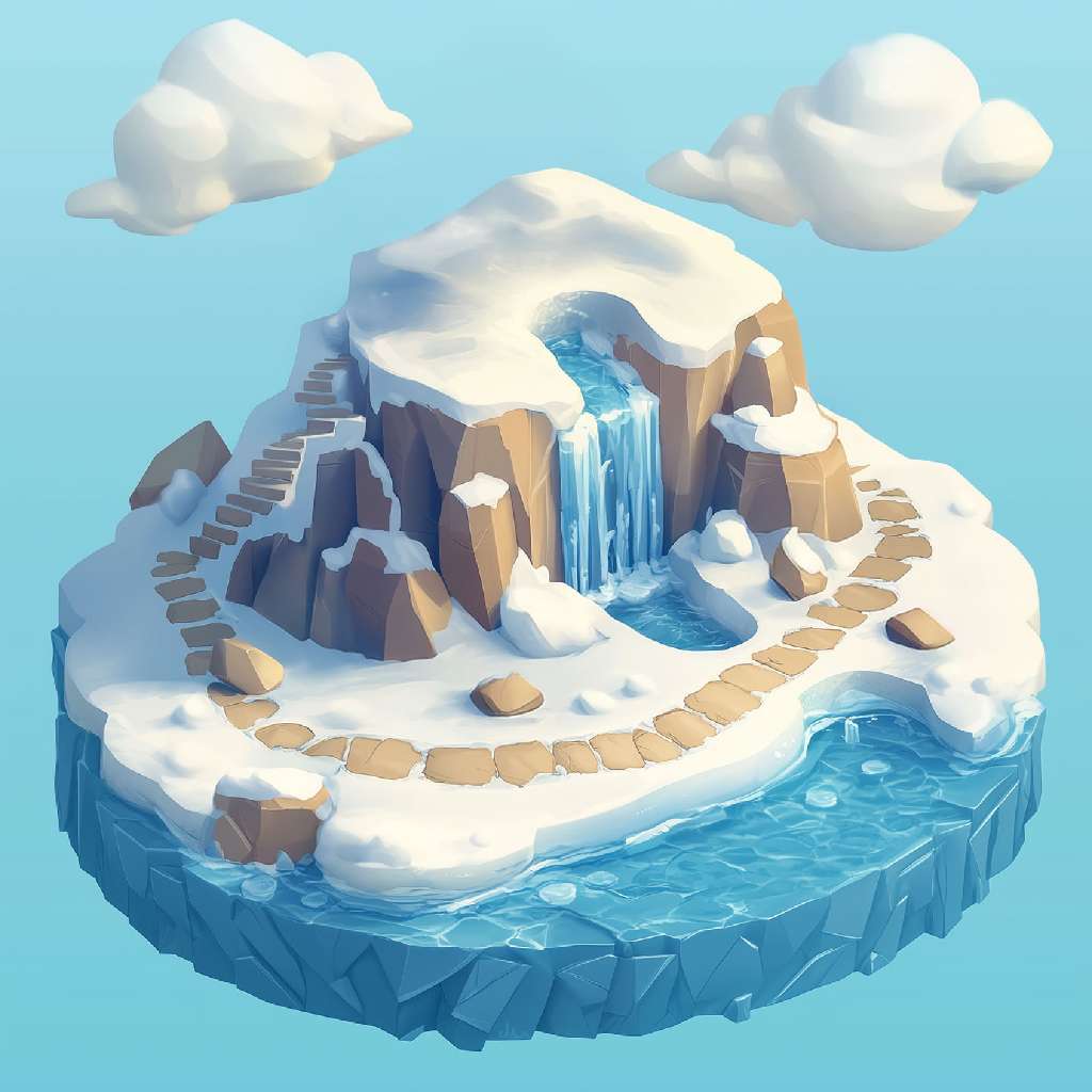3D rendering of a snowy island with a waterfall and stone pathways