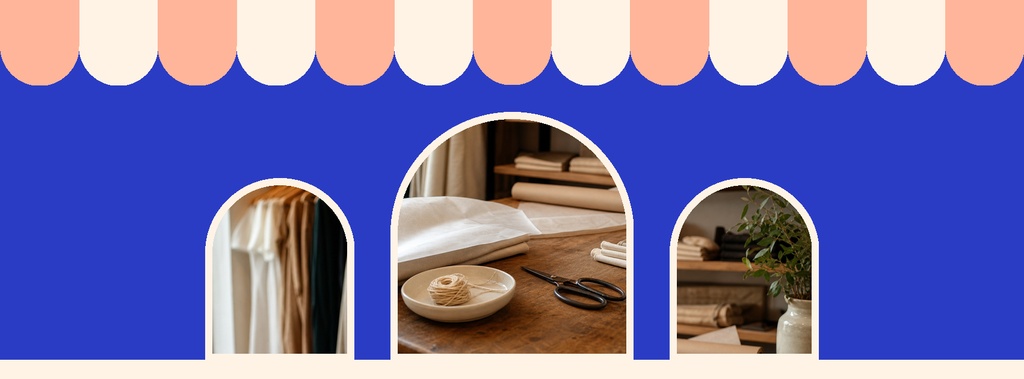 Blue Shop Small Saturday banner with peach scalloped top and three arched photo windows.