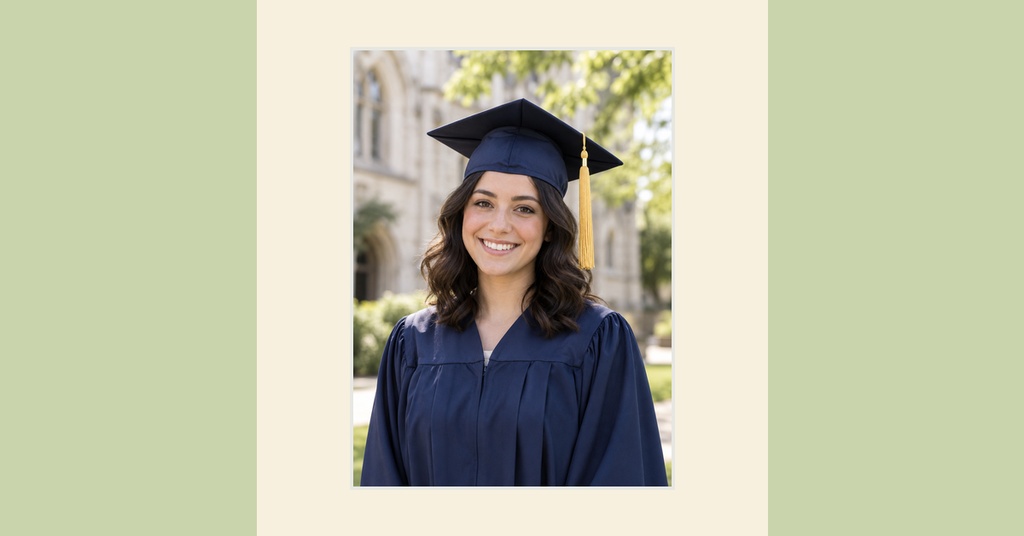 Young woman in a navy graduation gown and cap standing outdoors.