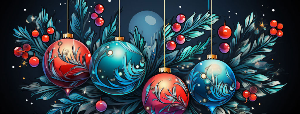 Four Christmas ornaments in red and blue hues surrounded by foliage and red berries