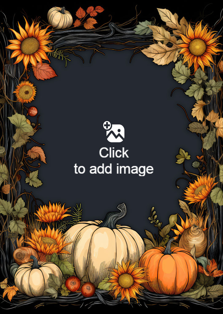 An autumnal frame with pumpkins and sunflowers on a dark background