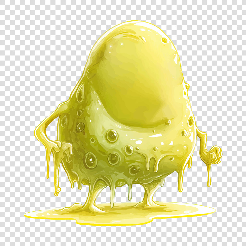 A cartoon yellow blob with a smooth surface melting and dripping into a puddle.