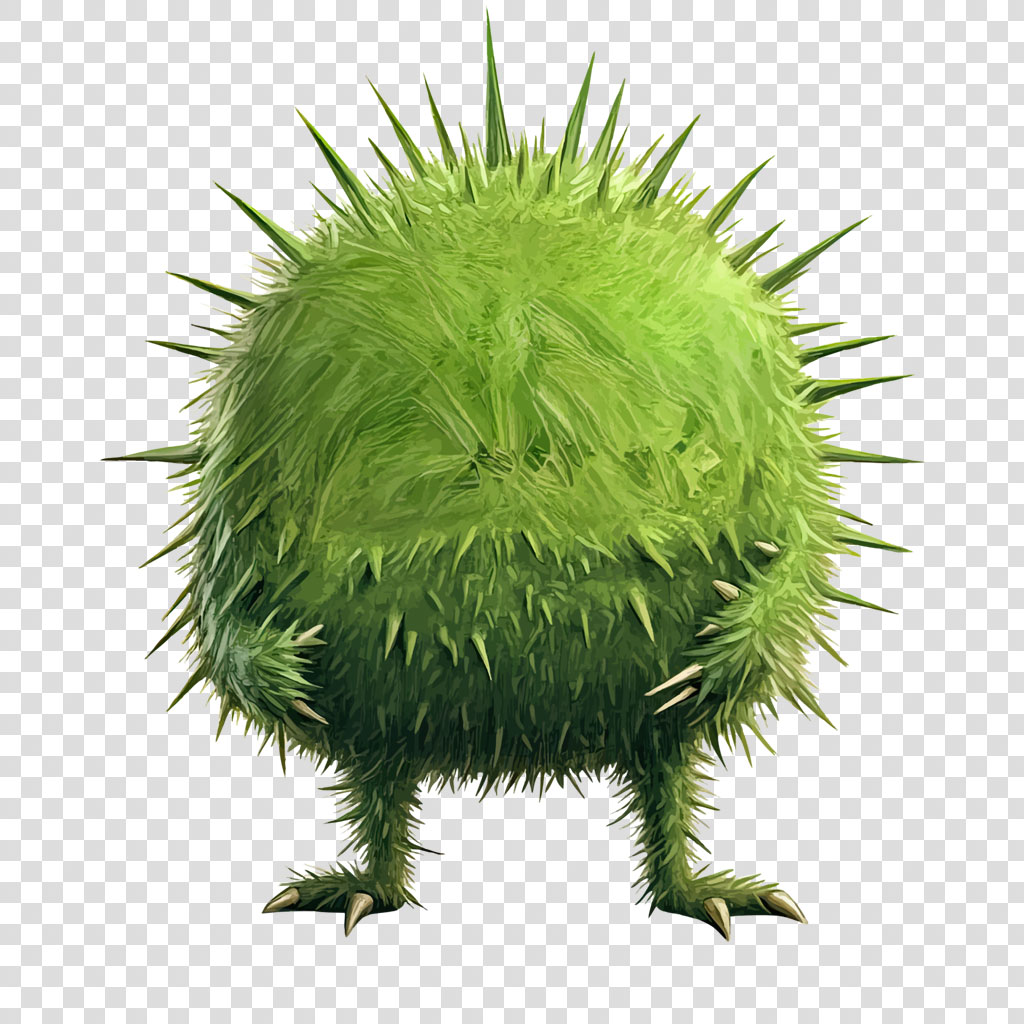 A cartoon-like green creature with spiky fur and three legs on a white background.