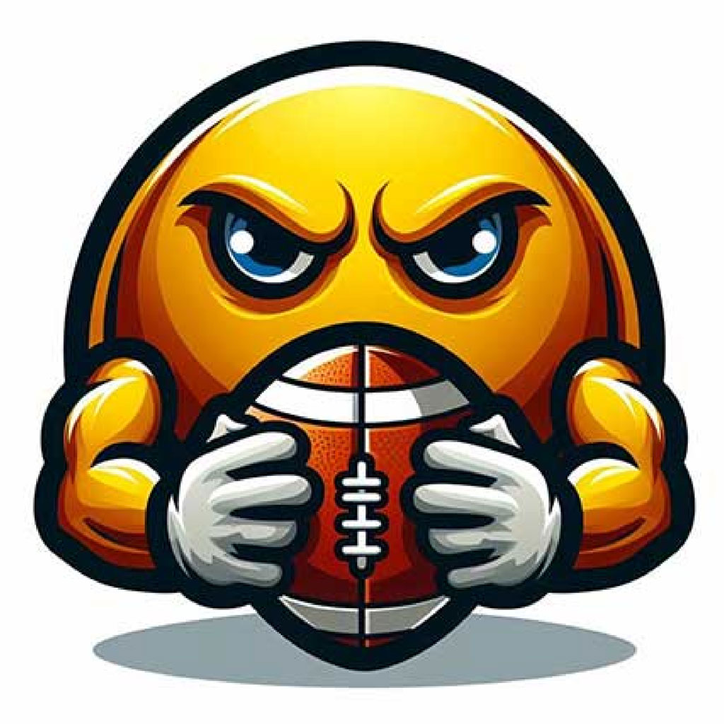 Angry yellow emoji holding an American football with white gloves