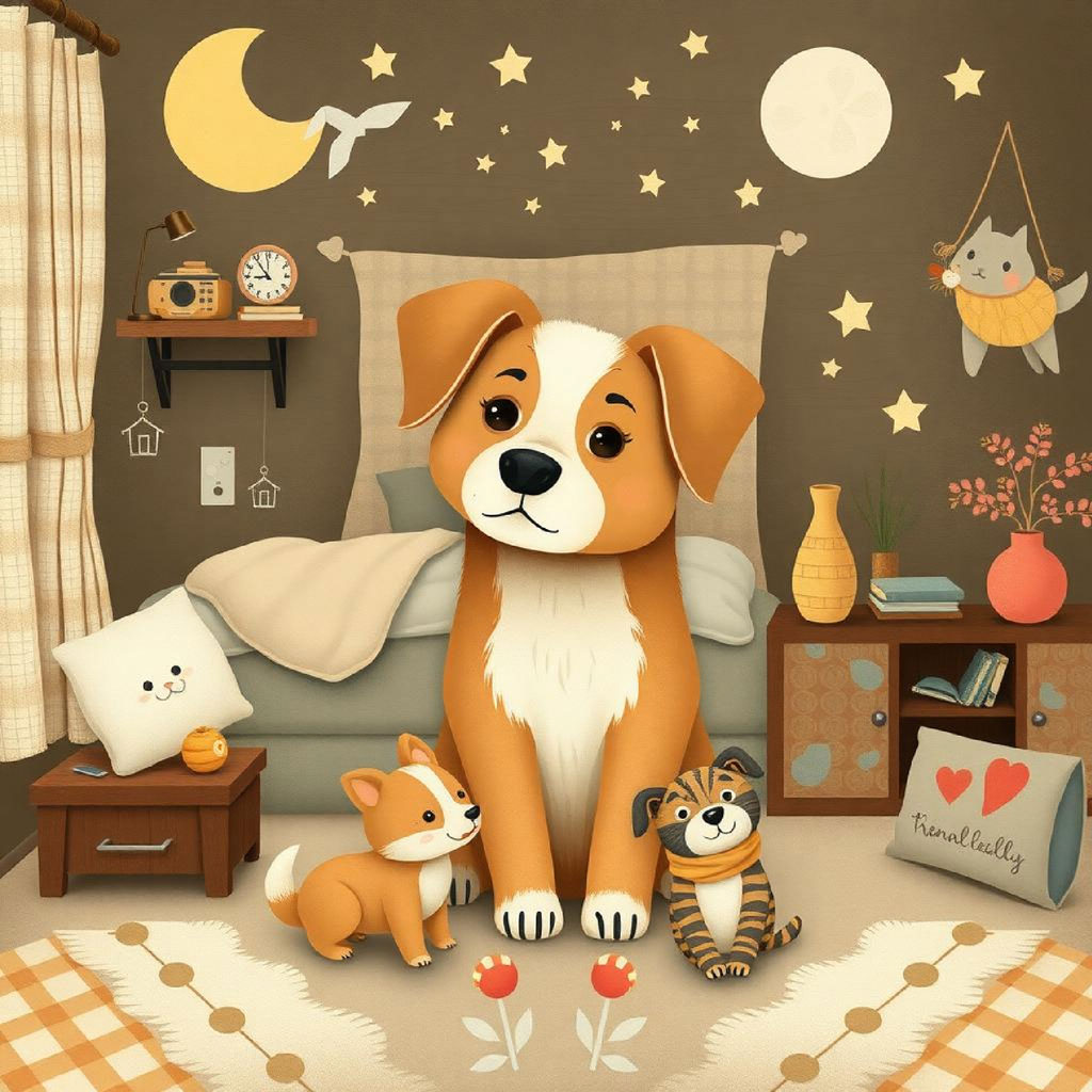 Illustration of a cozy living room with children and animals