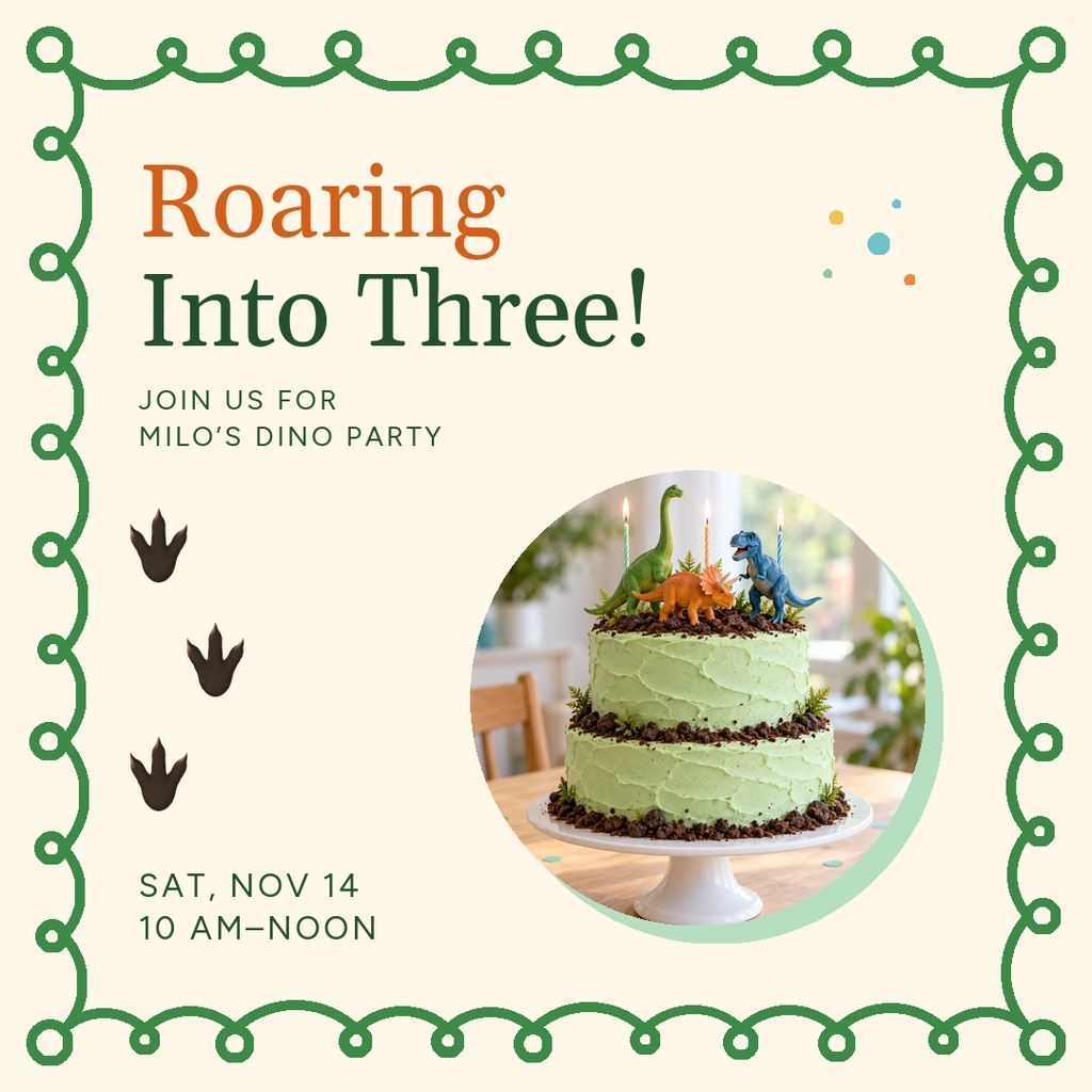 Square dinosaur birthday invitation with green border, party text, and cake photo circle.