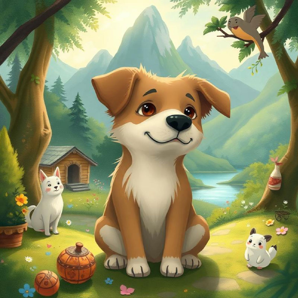 A cartoon illustration of a cozy wooden cottage with a mossy roof, surrounded by trees and a lake in the background.