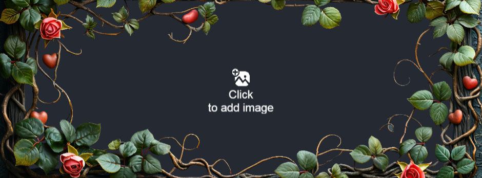 Floral border with roses and green leaves on a dark grey background