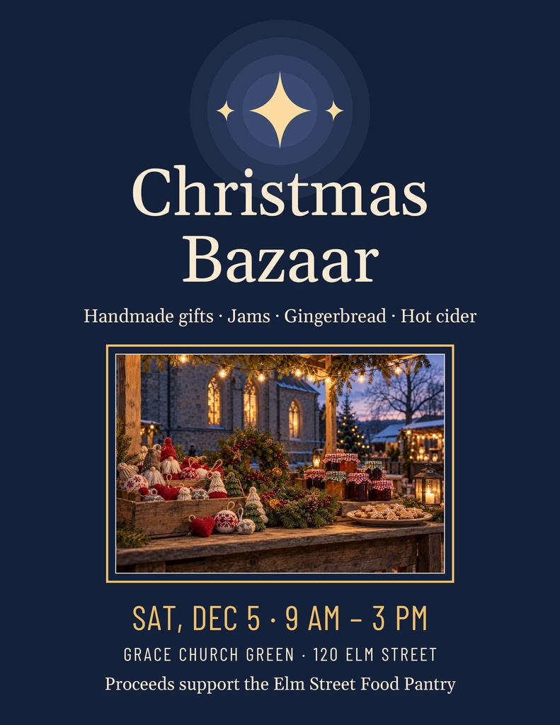 Portrait flyer with Christmas Bazaar title, winter market photo, and church event details on a dark blue background.