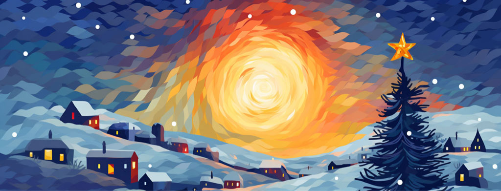 A stylized winter landscape with houses, a Christmas tree, and a large glowing orb in the sky.