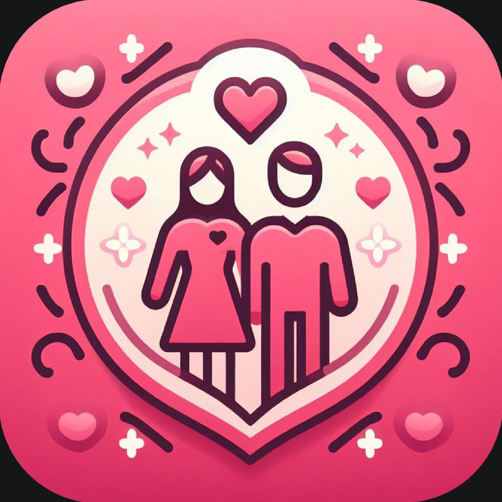 Illustration of a couple in a heart with decorative elements