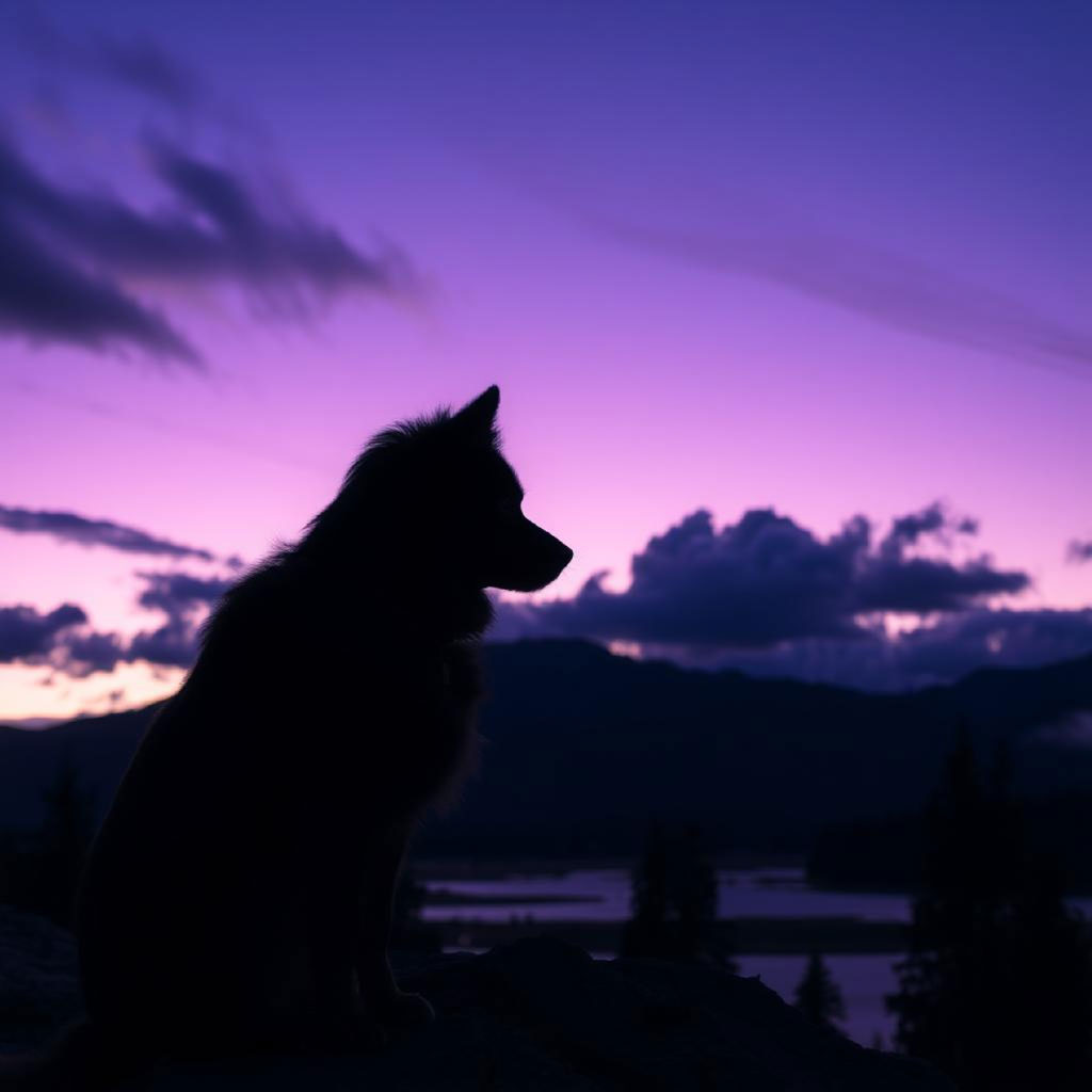 A calm lake with mountains and trees in the background during a purple-hued sunset.