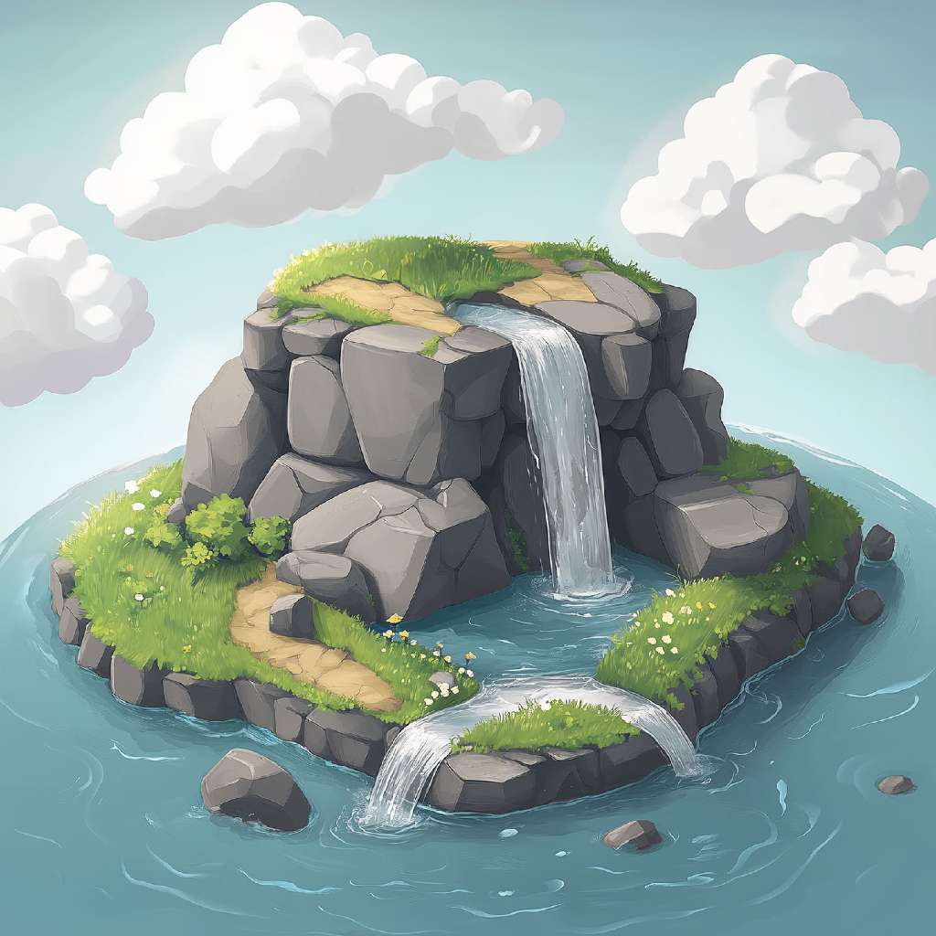 A cartoon island with a waterfall cascading into the surrounding water, surrounded by rocks and greenery.
