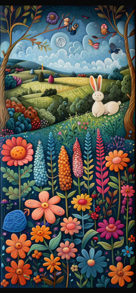 A cartoon-style illustration of a white rabbit in a lush garden with diverse flowers and playful creatures.