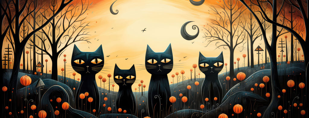 Four black cats with glowing eyes in a field of pumpkins