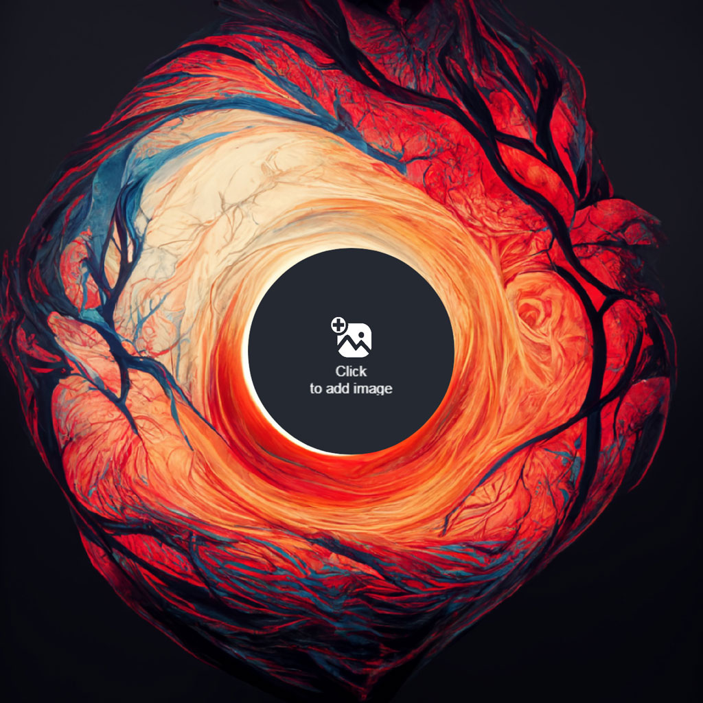 A stylized heart with red and orange swirling patterns and a central circle to add a photo.