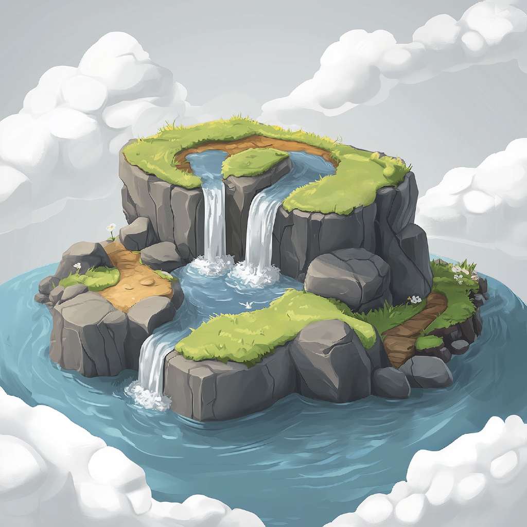 A cartoon island with waterfalls and greenery surrounded by water and clouds