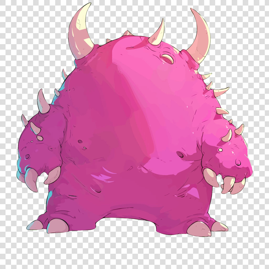 A cartoon monster with a pink body, horns, and spikes on a white background.