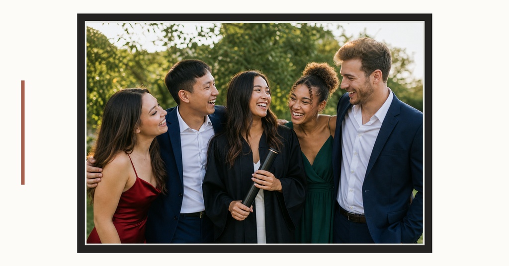 Four smiling graduates posing outdoors in formal attire