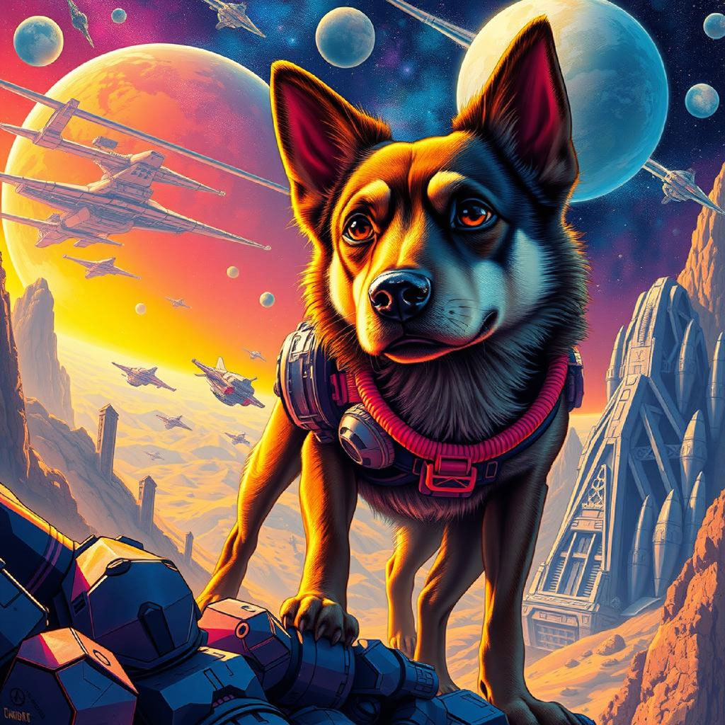 Futuristic spacecraft in orbit around a planet with a rocky terrain and a large moon