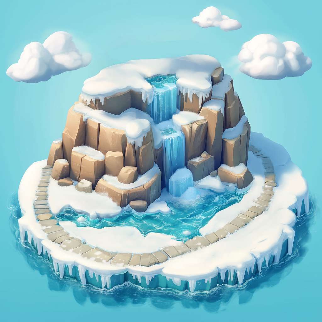 3D illustration of a snowy island with a waterfall