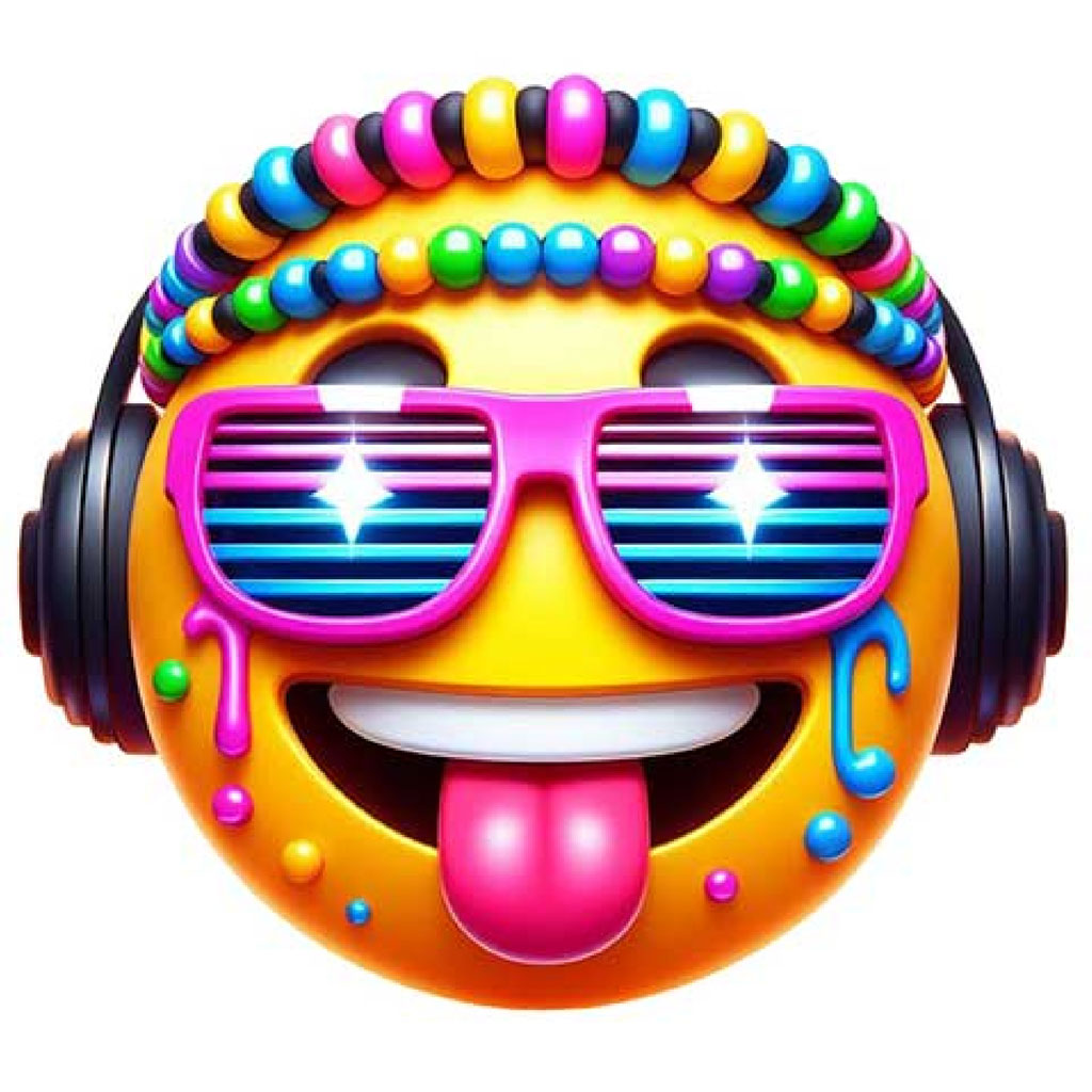 A 3D cartoon character with purple hair, wearing headphones, sunglasses, and yellow boots.