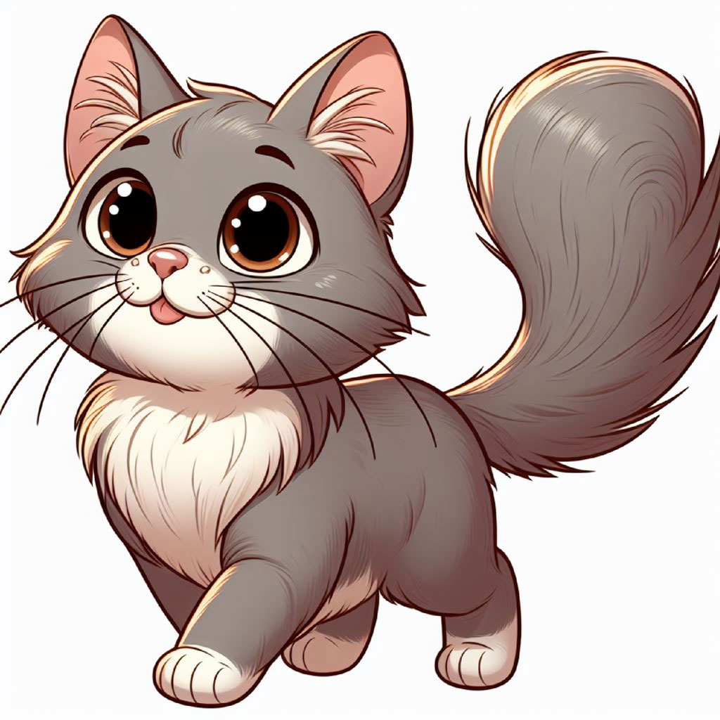 A cute cartoon cat with orange and brown stripes, green eyes, and a red collar.