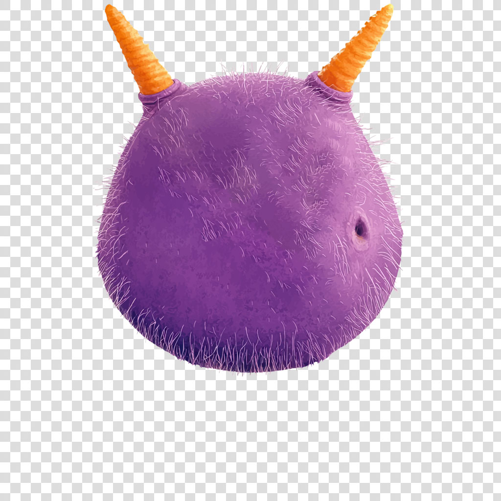 A purple, fuzzy creature with two orange horns and a small nostril on a white background.
