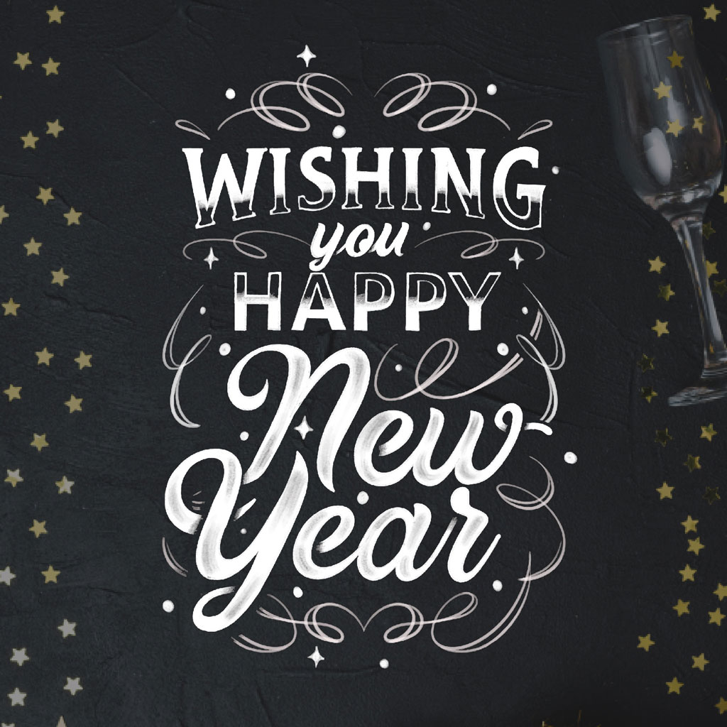 Wishing you a Happy New Year with champagne glasses and stars