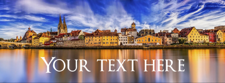 A tranquil European town by a river with historic buildings and a vibrant sky