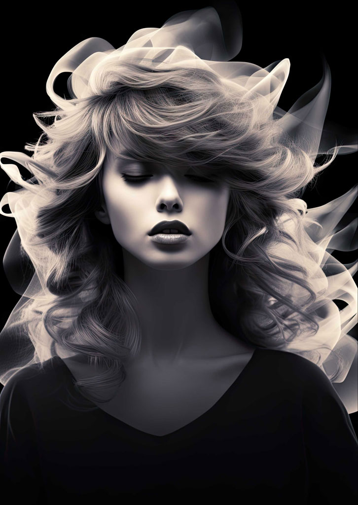 A woman with long, wavy hair blowing around her face, set against a black background.