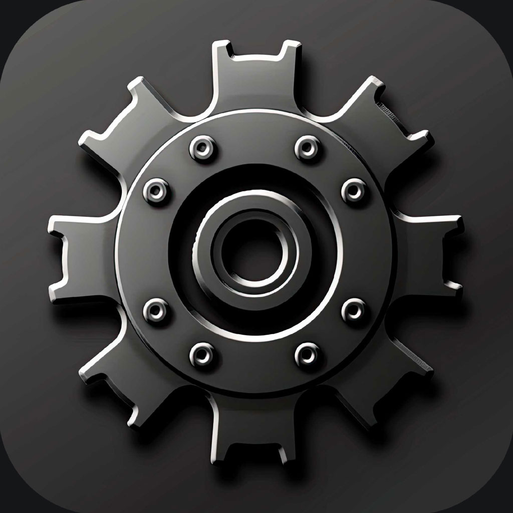 A metallic cogwheel icon on a dark background