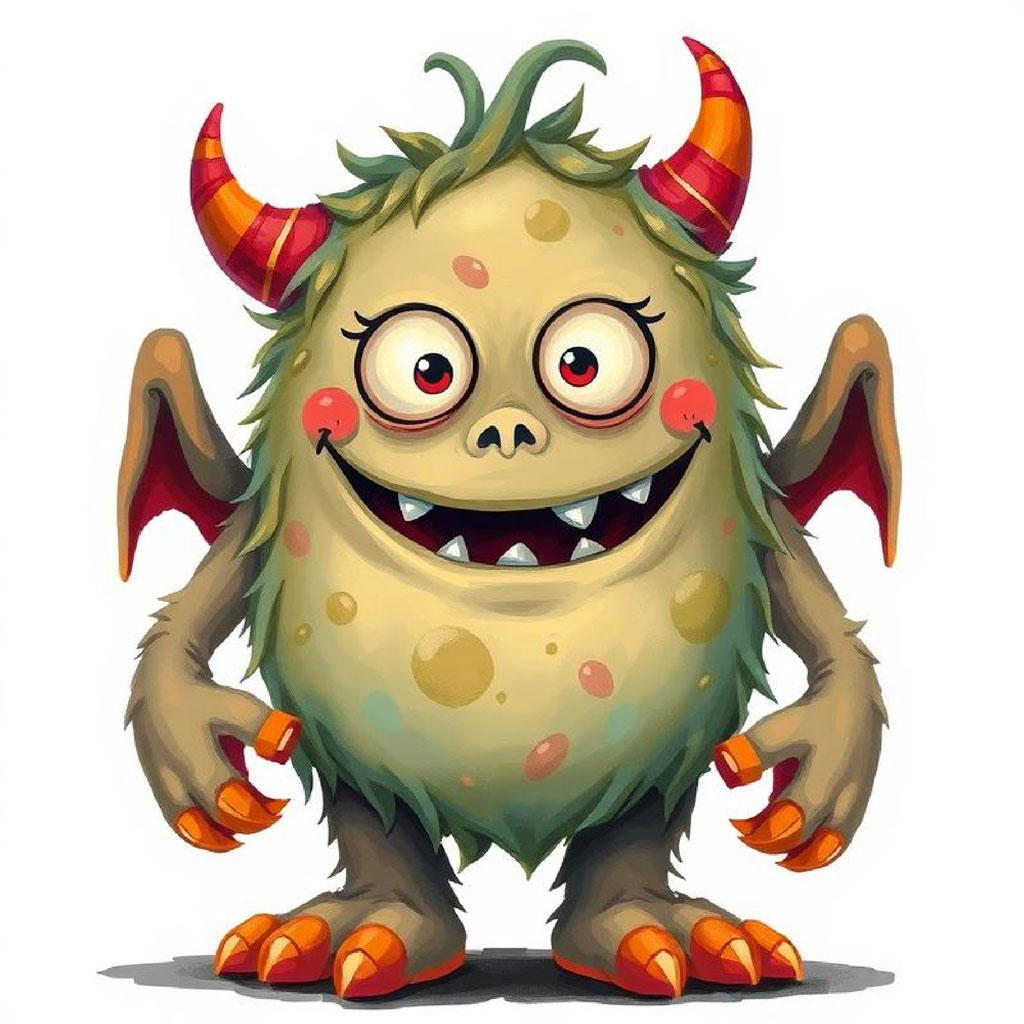 A cartoon monster with green fur and red horns
