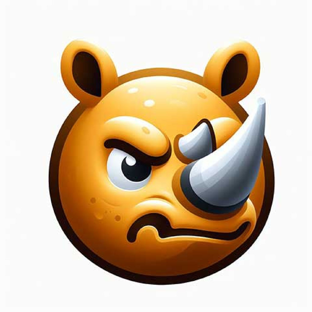 3D rendered gray rhinoceros head with a prominent horn and detailed facial features