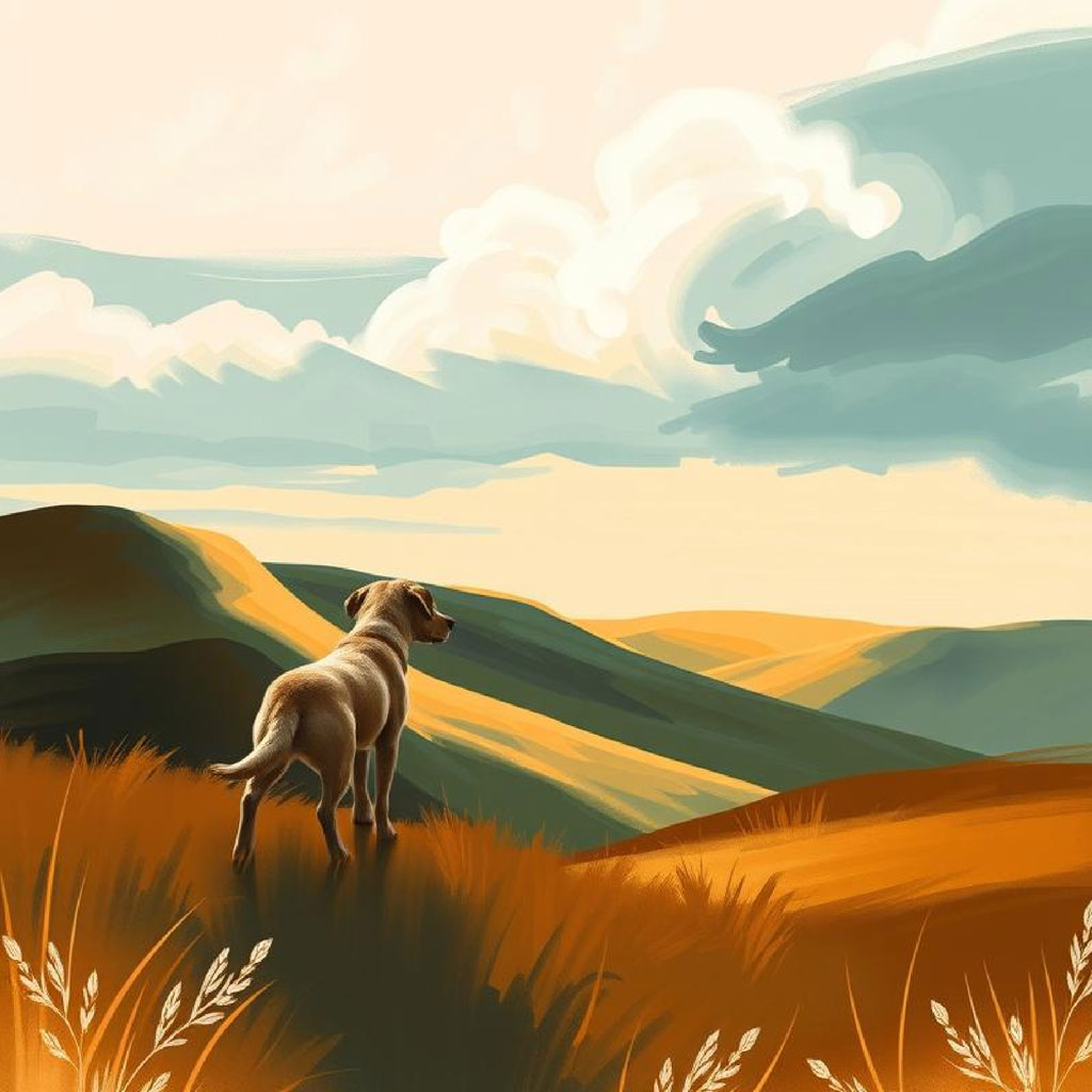 A dog in a field with rolling hills and clouds