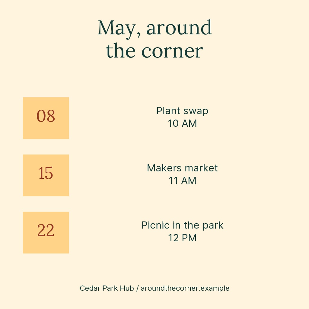 Square event calendar with three dates and spring activities listed on a beige background.