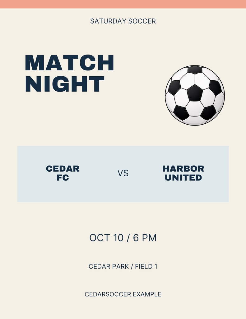 Portrait soccer flyer with match night text, team names, and a soccer ball illustration.