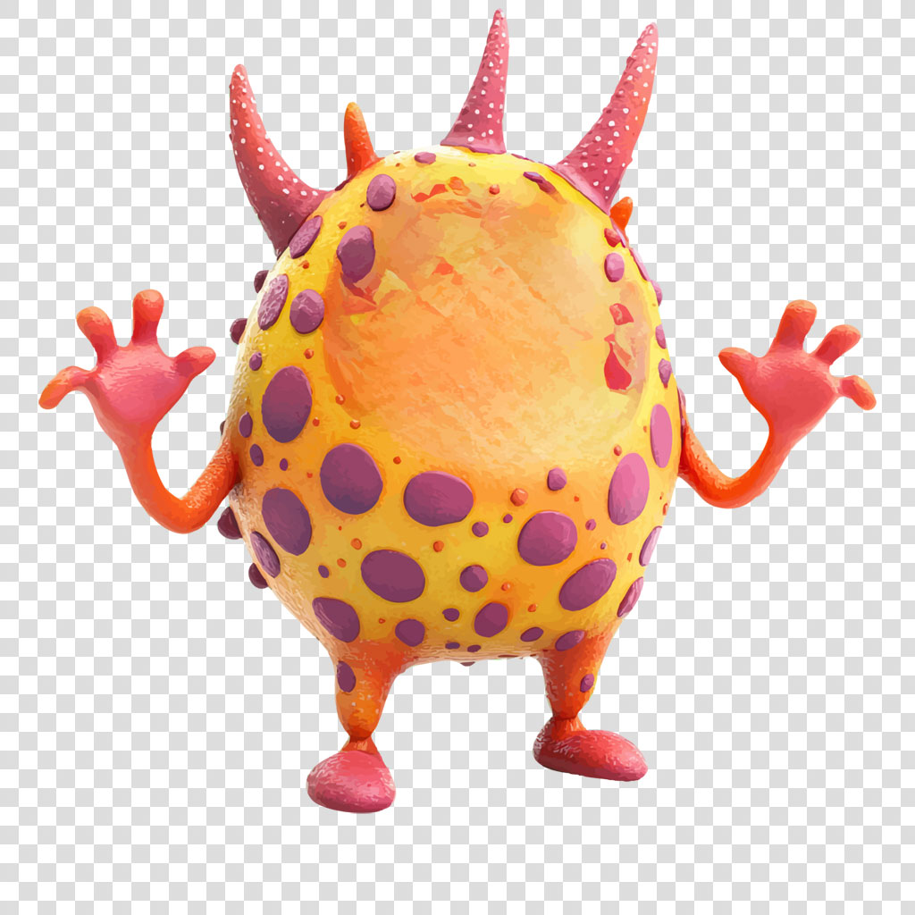 A cartoon monster with a yellow body, purple spots, and orange limbs.
